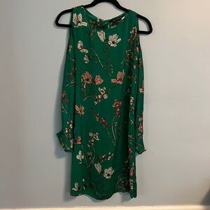Zara Woman | green peach floral | open shoulder | S | long sleeve | mini | dress